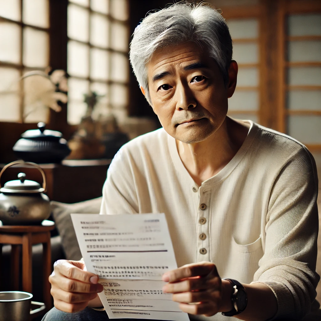 DALL·E 2024-11-04 20.14.08 - A Korean senior citizen receiving social security benefits, looking slightly disappointed as he holds a letter with a notice about a modest increase i