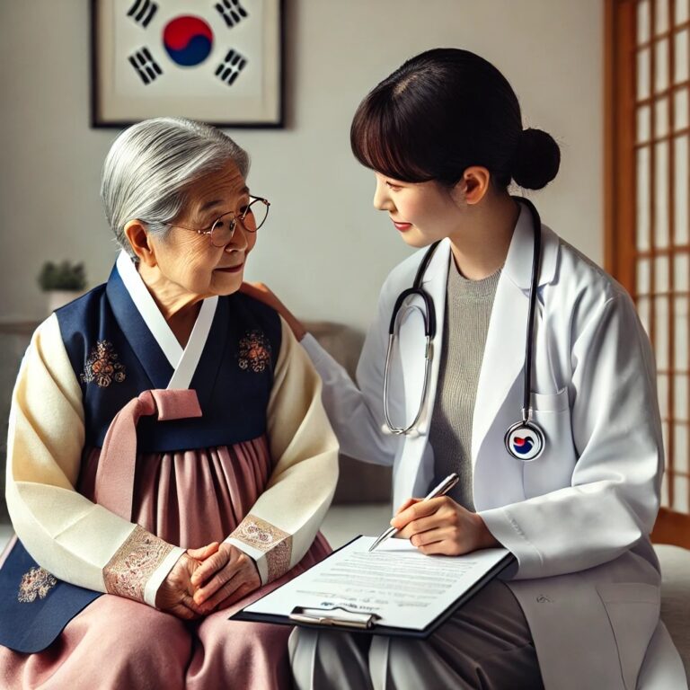 DALL·E 2024-08-19 15.01.23 - An elderly Korean individual, dressed neatly in either traditional Korean attire (hanbok) or modern clothing, is seated in a calm, well-lit room. They