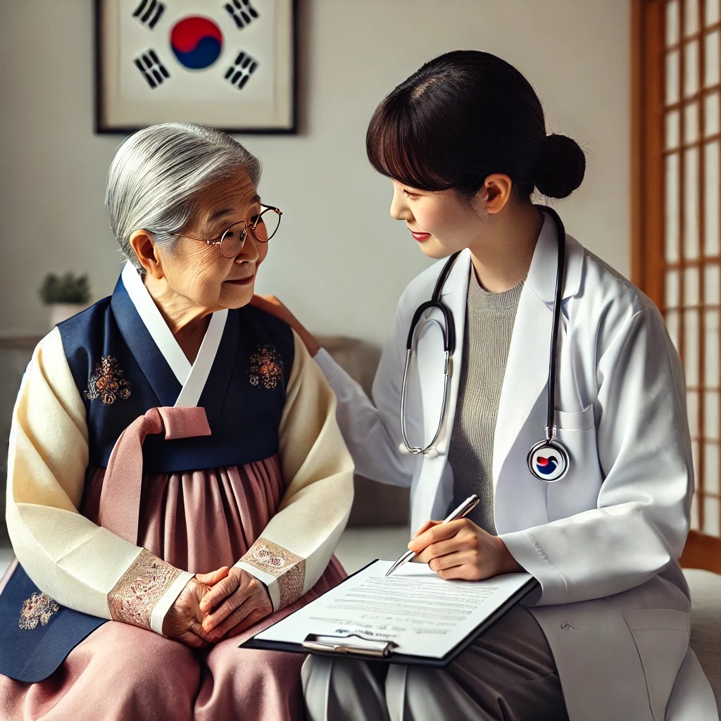 DALL·E 2024-08-19 15.01.23 - An elderly Korean individual, dressed neatly in either traditional Korean attire (hanbok) or modern clothing, is seated in a calm, well-lit room. They